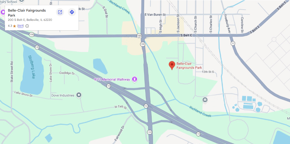 Map of BelleClair Fairgrounds Park with link to google maps directions.